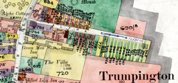 The High Street and Alpha Terrace in the early 20th century. Inland Revenue Land Value map for Trumpington, 1910-11. Cambridgeshire Archives, file 470/047, sheet XLVII.10. Reproduced by permission of Cambridgeshire Archives.