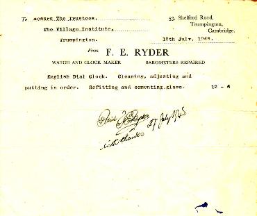 Invoice for the repair of a clock issued to Trumpington Village Hall by Frank Ryder, 1948.