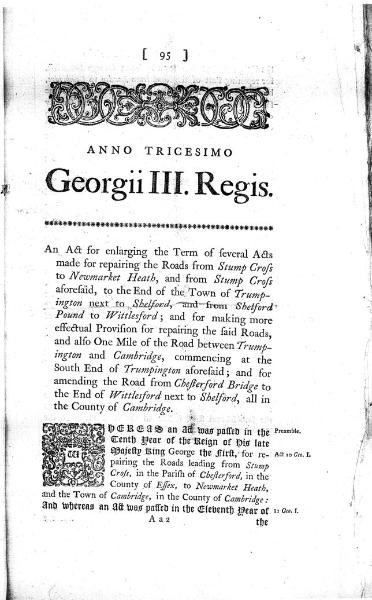 Title page, Act for Road from Stump Cross to Trumpington, Stump Cross Turnpike Trust (Statutes 30 George III, c.94, 1790). Cambridgeshire Archives, P175/28/1.
